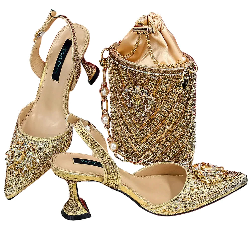 Women Shoes and Bag Set With Rhinestone Handbag EDTR54