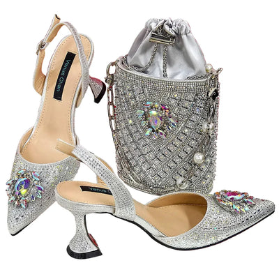 Women Shoes and Bag Set With Rhinestone Handbag EDTR54