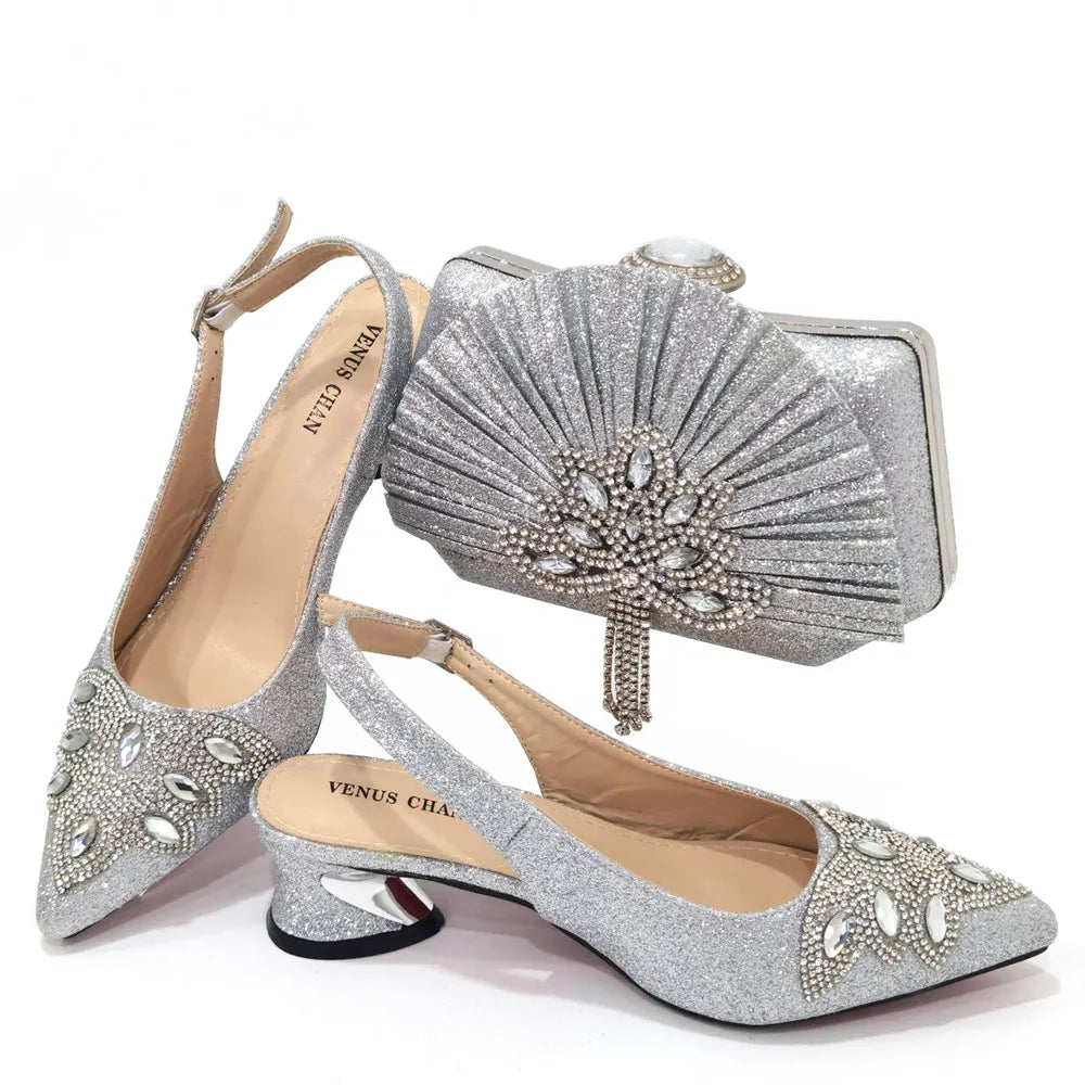 Women's Silver Mid Heels Frosted Crystal Shoes And Bag Set – product view 1