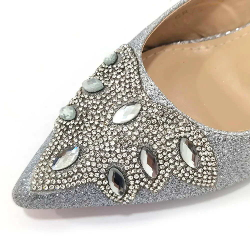 Women's Silver Mid Heels Frosted Crystal Shoes And Bag Set – product view 3