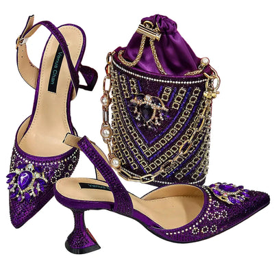 Women Shoes and Bag Set With Rhinestone Handbag EDTR54