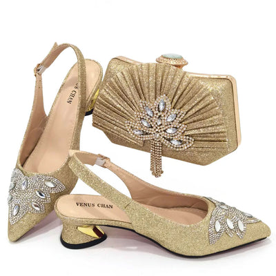 Women's Silver Mid Heels Frosted Crystal Shoes And Bag Set