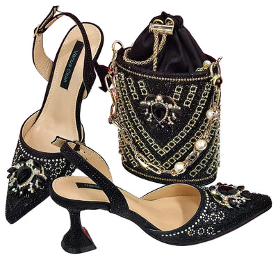 Women Shoes and Bag Set With Rhinestone Handbag EDTR54