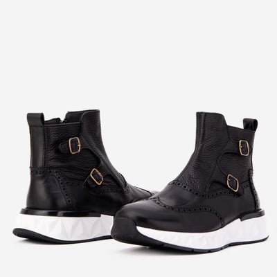 The Stealth Wingtip Buckle Black Leather Men Boot
