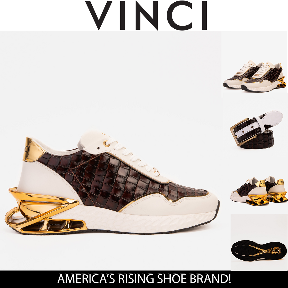 Vinci Leather The Bellagio White & Gold Leather Men Sneaker – product view 7