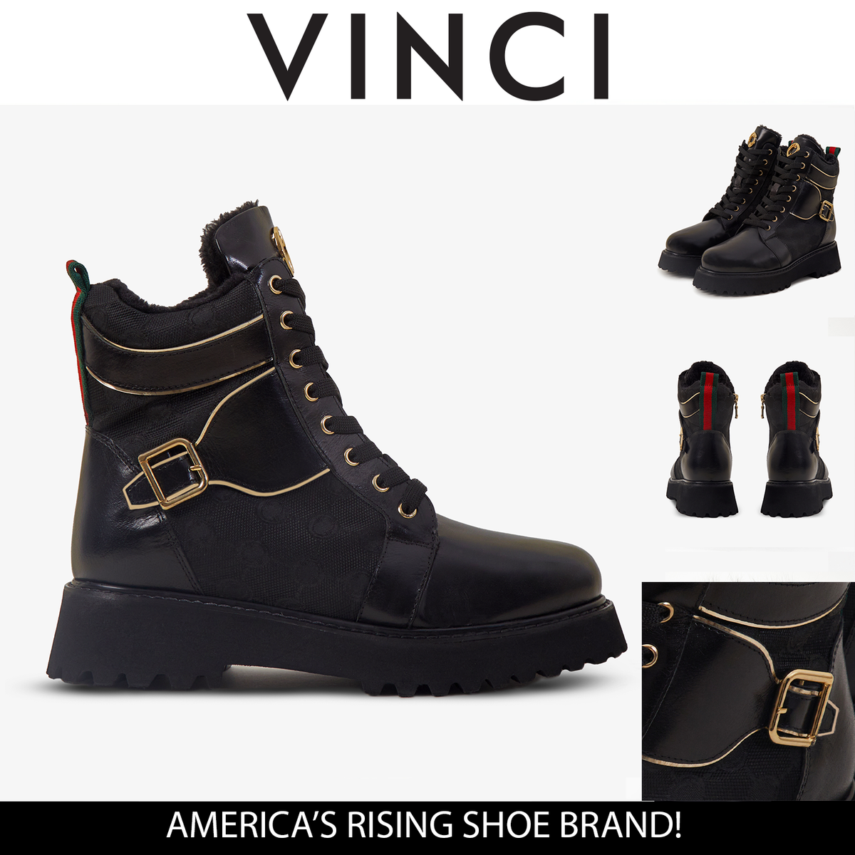 Vinci Leather The Boston Black Leather Lace-Up Ankle Women Boot With a Side Zipper – product view 6