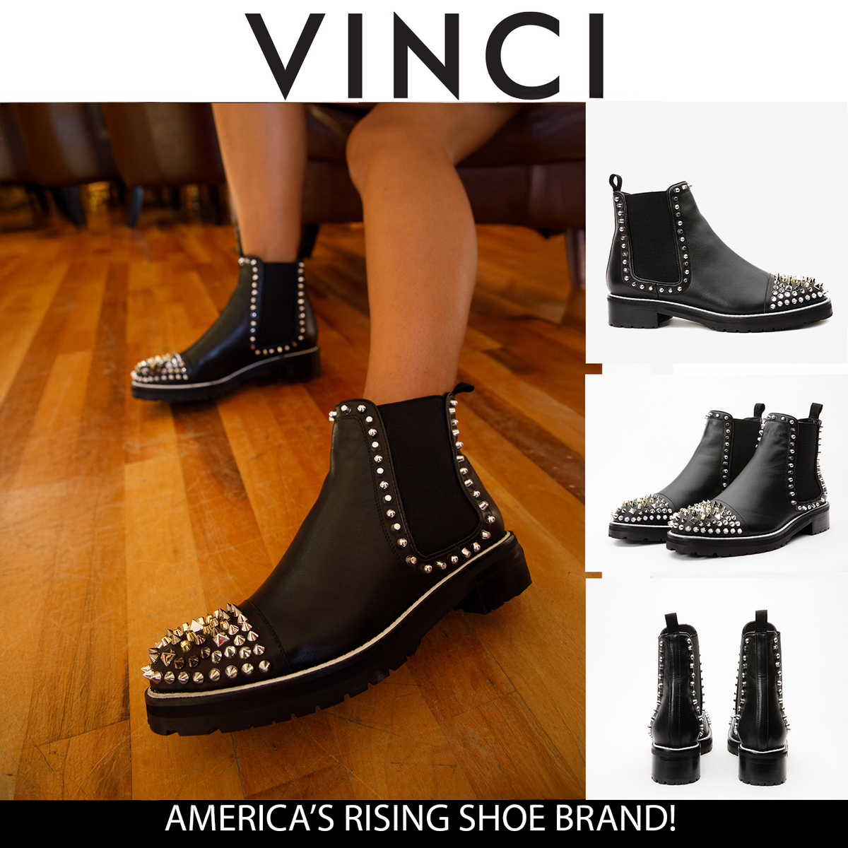 Vinci Leather The Vuvulane Black Spike Leather Ankle Women Boot – product view 22