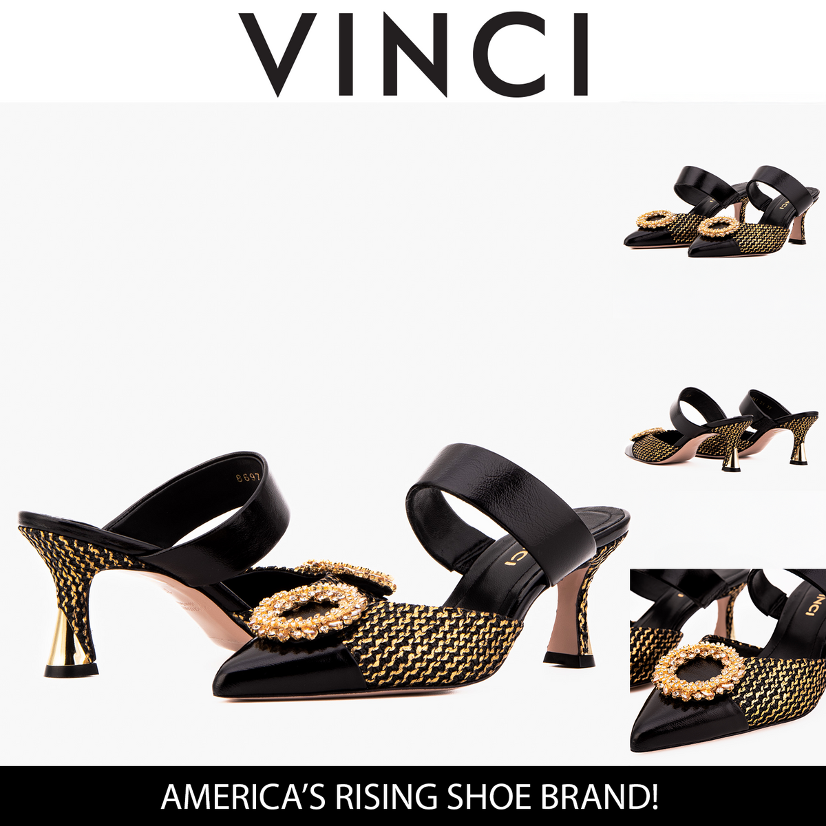 Vinci Leather The Valencia Black & Gold Jewel Heel Women Mule Sandal – product view 17