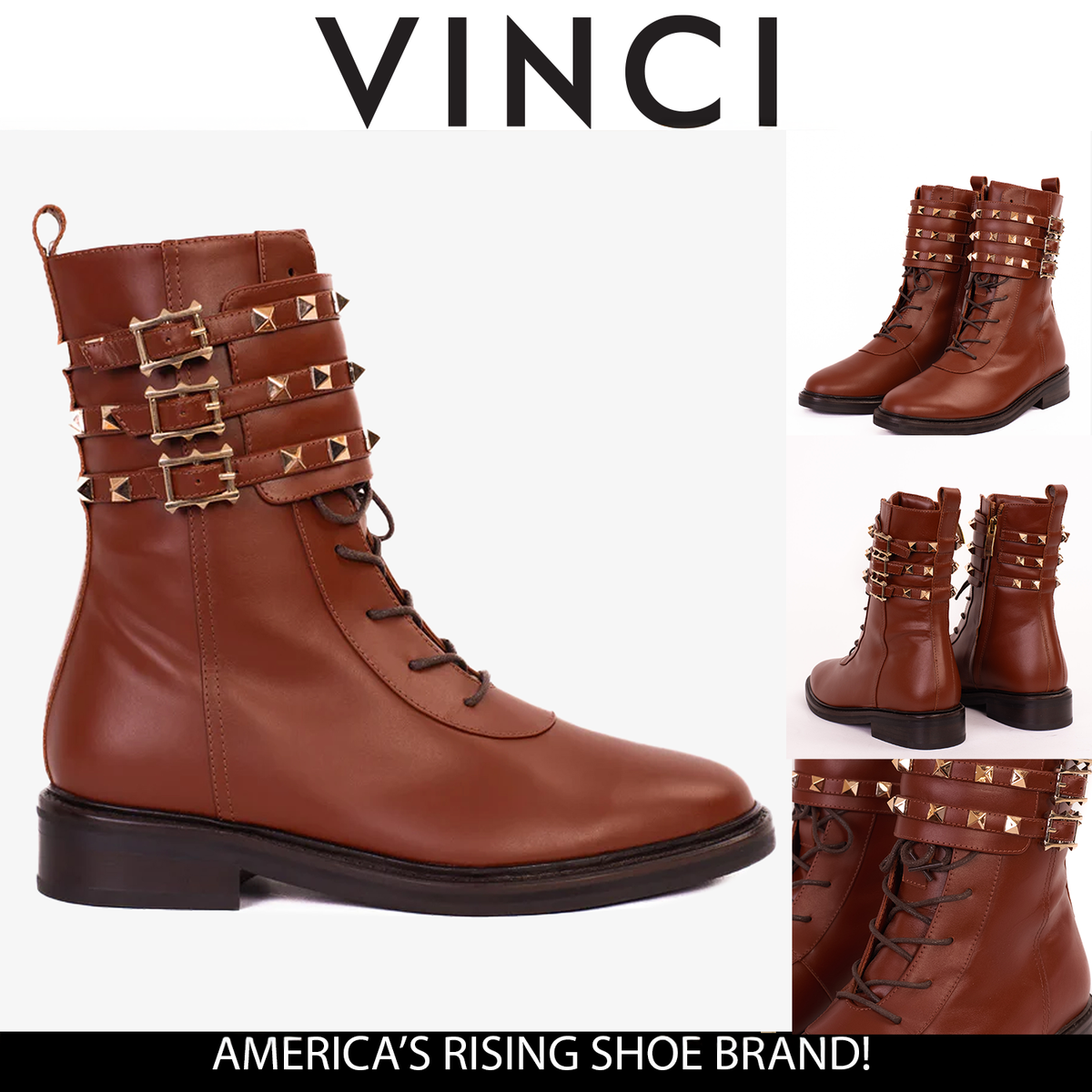 Vinci Leather The Doncaster Brown Leather Lace-Up Mid Calf Women Boot With a Side Zipper – product view 6