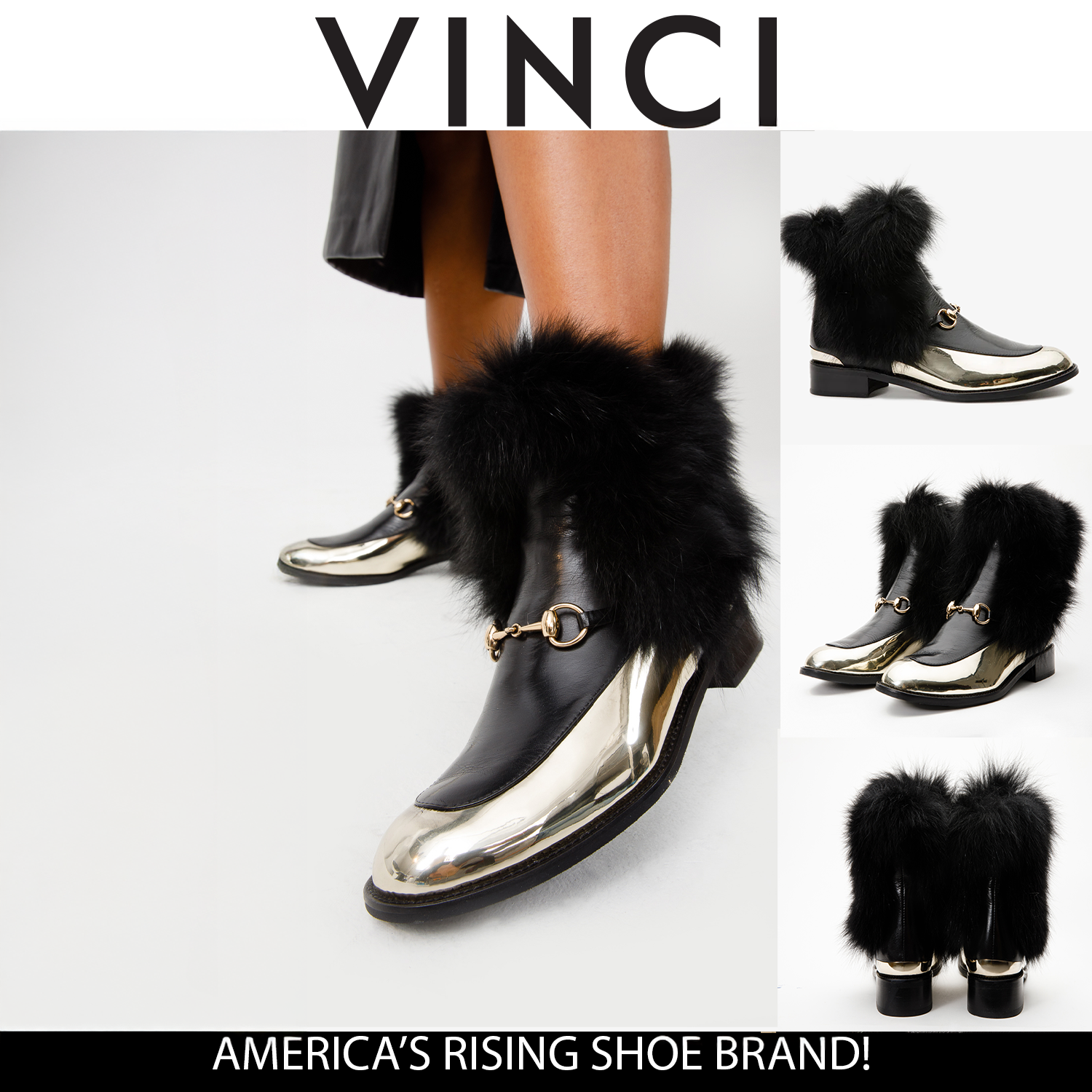 The Izmir Black & Gold Leather Natural Fox Fur Mid Calf Women Boot