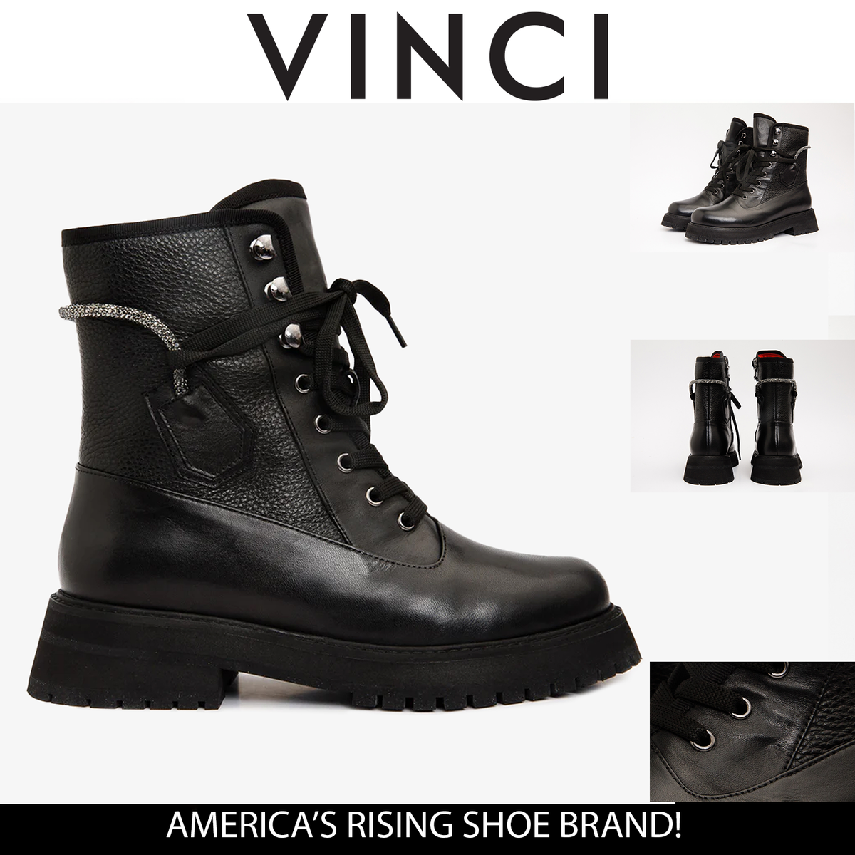 Vinci Leather The Arata Black Leather Lace-Up Ankle Women Boot With a Side Zipper – product view 5