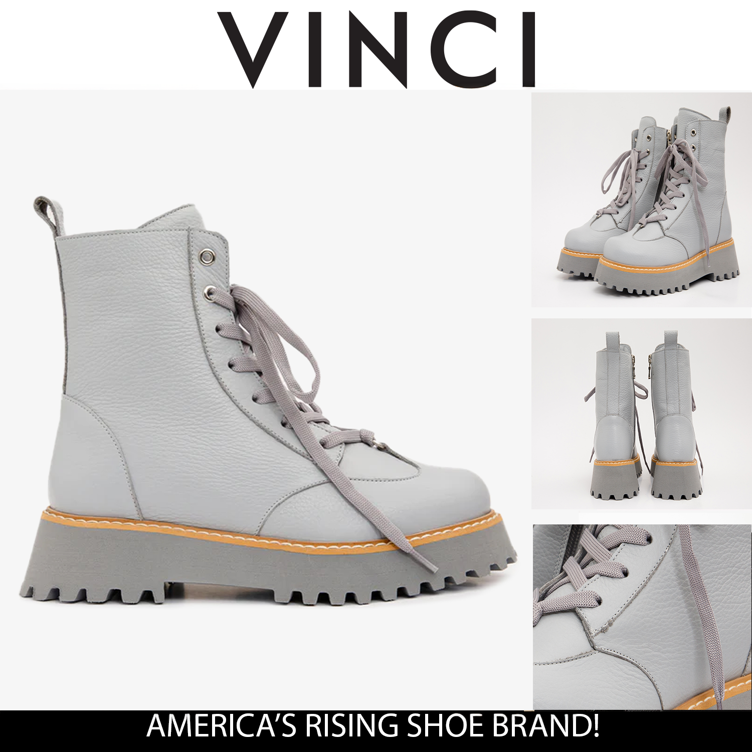 The Yildiz Gray Leather Lace-Up Ankle Women Boot With a Side Zipper