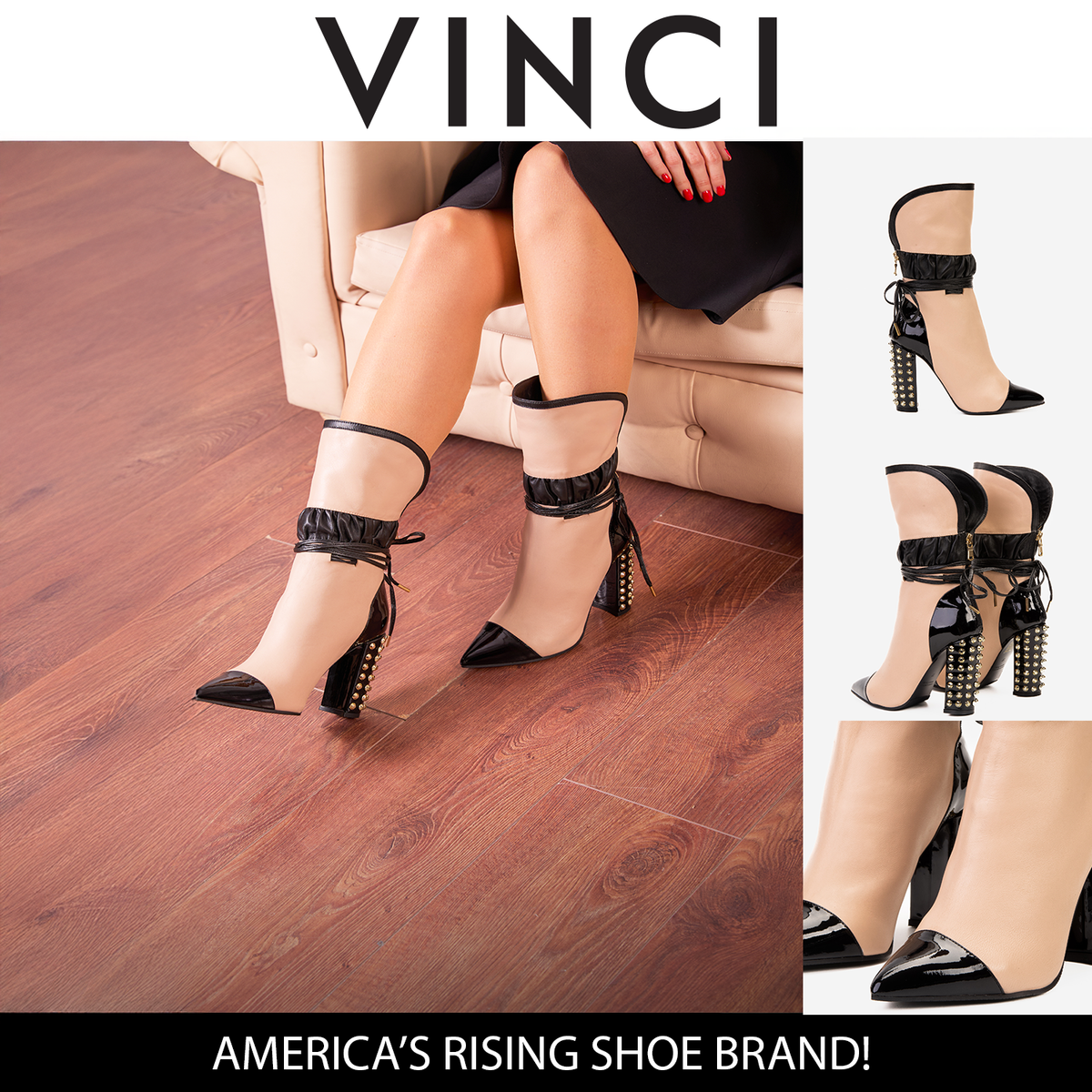 Vinci Leather The Lucca Nude & Black Leather Mid Calf High Heel Women Boot Limited Edition – product view 6
