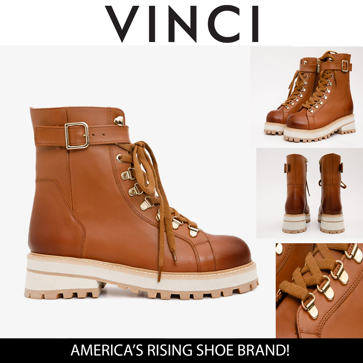Vinci Leather The Belgrano Tan Leather Lace-Up Ankle Women Boot With a Side Zipper – product view 6