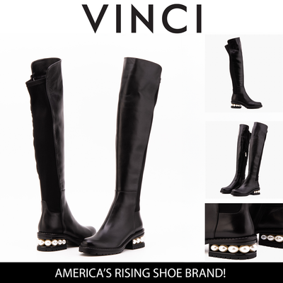 The Valeria Pearl Heel Knee-High Women Black Leather Boot