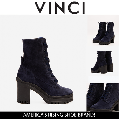 The Elera Navy Blue Leather Block Heel Women Boot