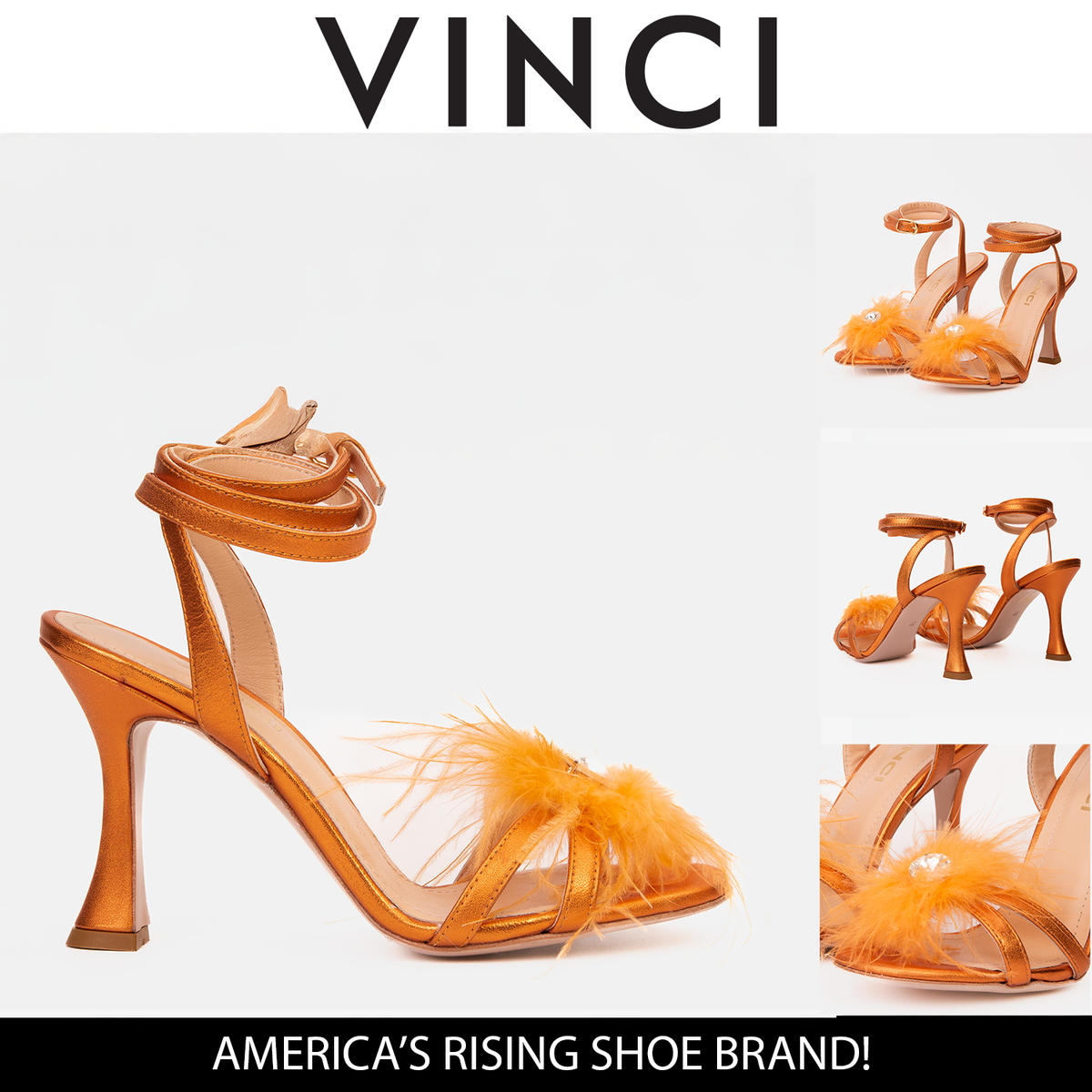 Vinci Leather The Siena Orange Leather Ankle Strap Plumed Women Sandal Final Sale! – product view 5