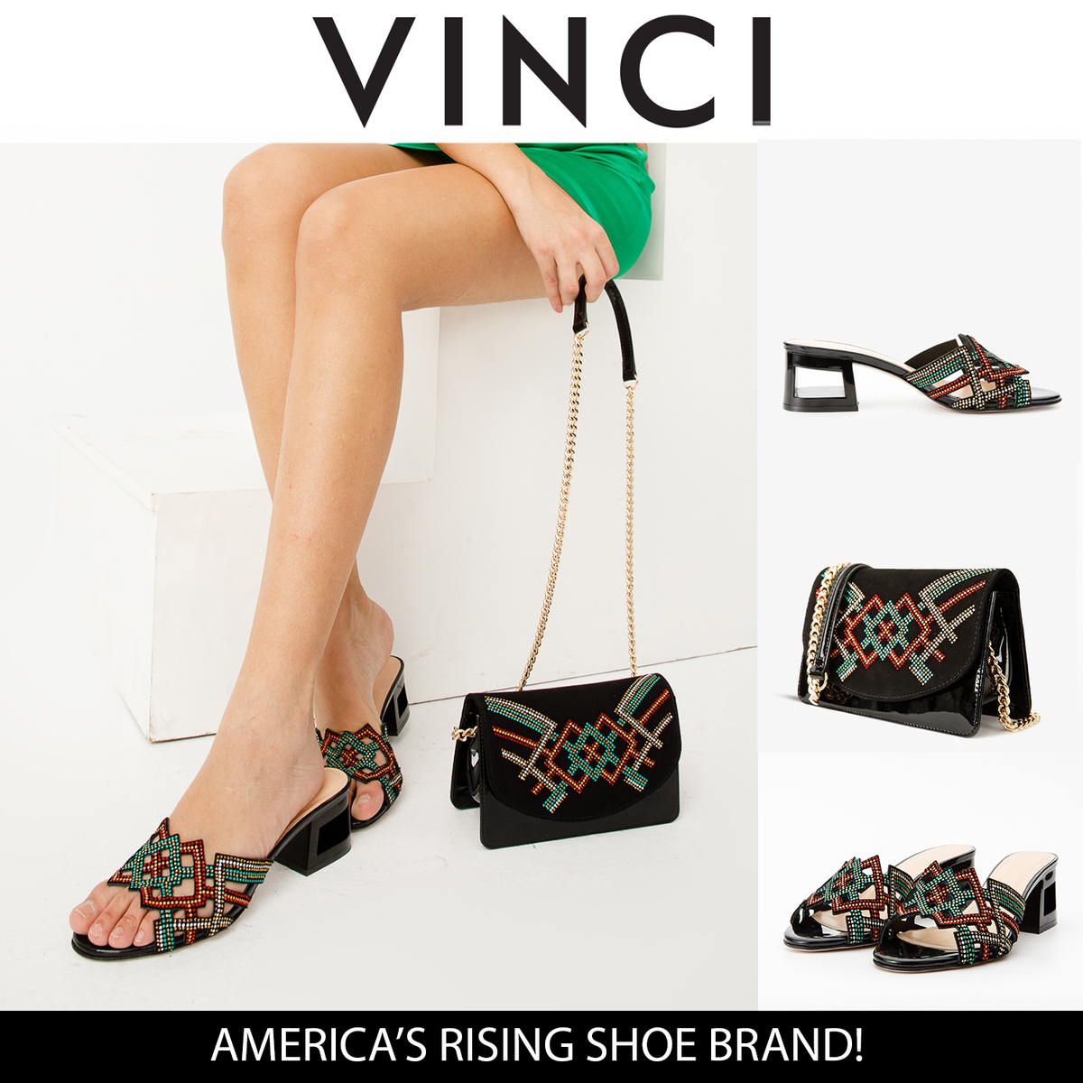 Vinci Leather The Palma Black Glitter Leather Block Heel Women Sandal – product view 7