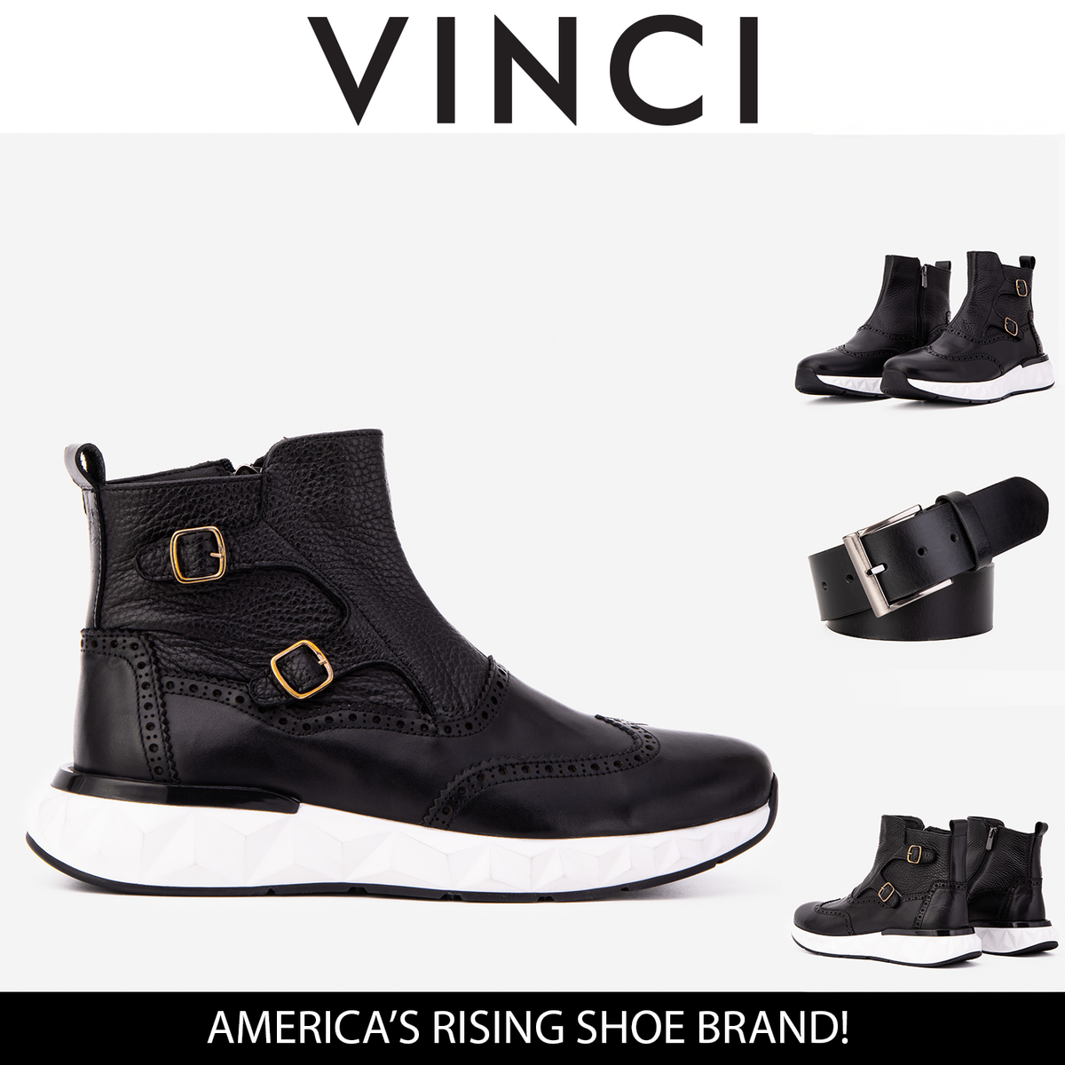 Vinci Leather The Stealth Wingtip Buckle Black Leather Men Boot – product view 3