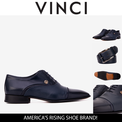 Vinci Leather The Rockwell Handmade Navy Blue Leather Cap Toe Men Oxford Shoe – product view 4