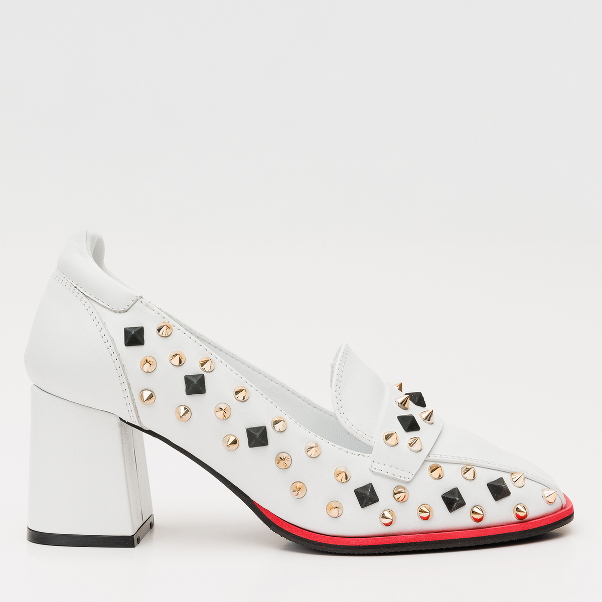 Vinci Leather The Infanta White Spike Leather Block Heel Pump Women Shoe – product view 1