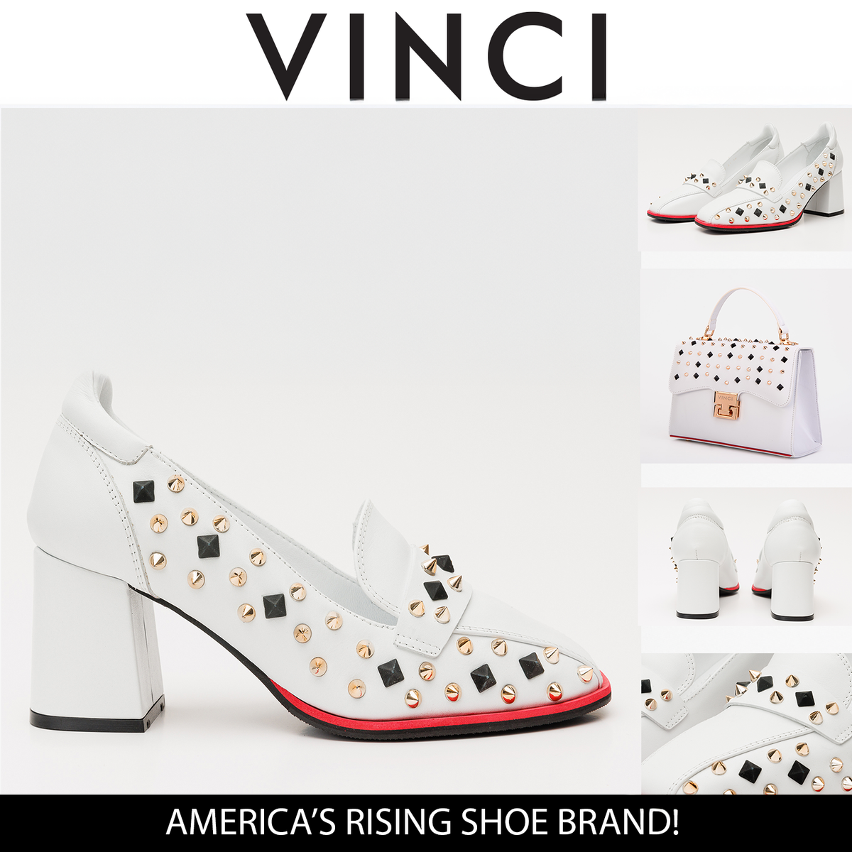 Vinci Leather The Infanta White Spike Leather Block Heel Pump Women Shoe – product view 5