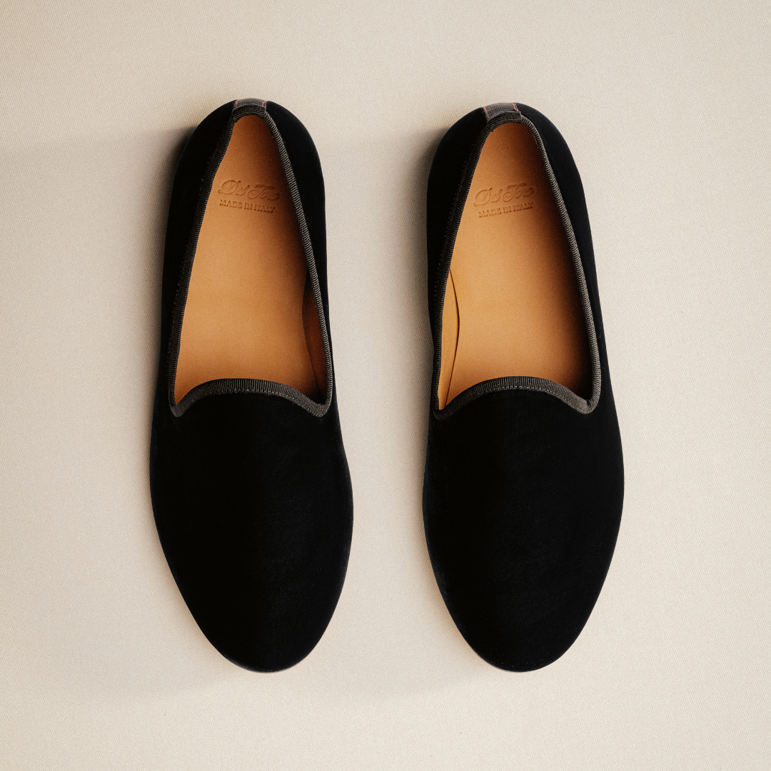 Del Toro Shoes Men's Black Velvet Slipper II With Black Grosgrain Stripe