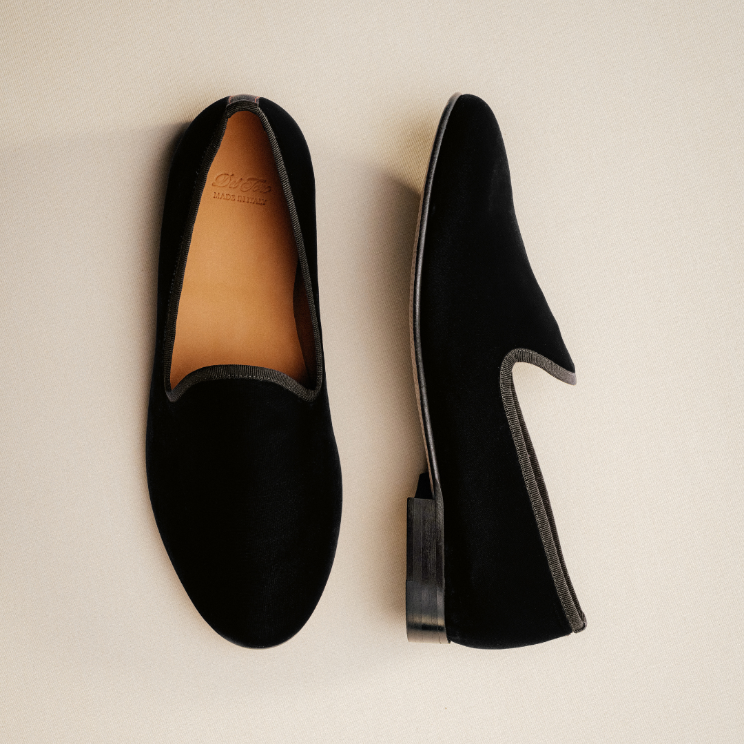 Del Toro Shoes Men's Black Velvet Slipper II With Black Grosgrain Stripe