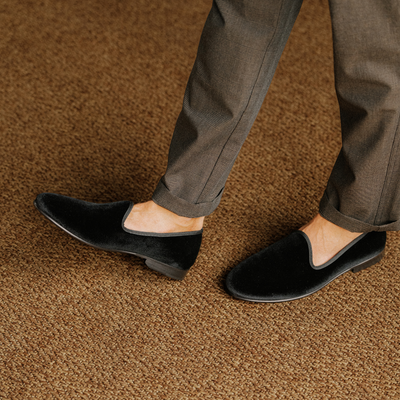 Del Toro Shoes Men's Black Velvet Slipper II With Black Grosgrain Stripe