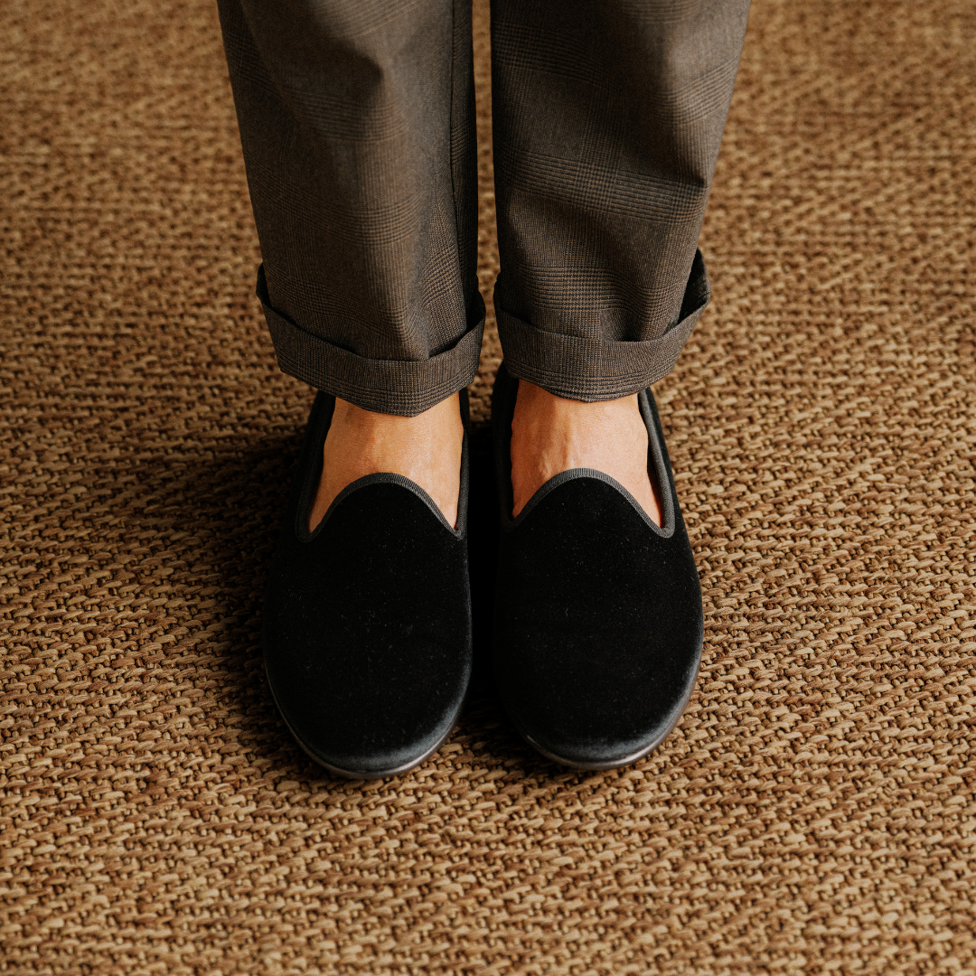 Del Toro Shoes Men's Black Velvet Slipper II With Black Grosgrain Stripe