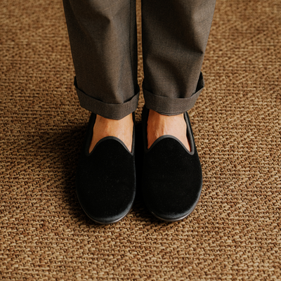 Del Toro Shoes Men's Black Velvet Slipper II With Black Grosgrain Stripe