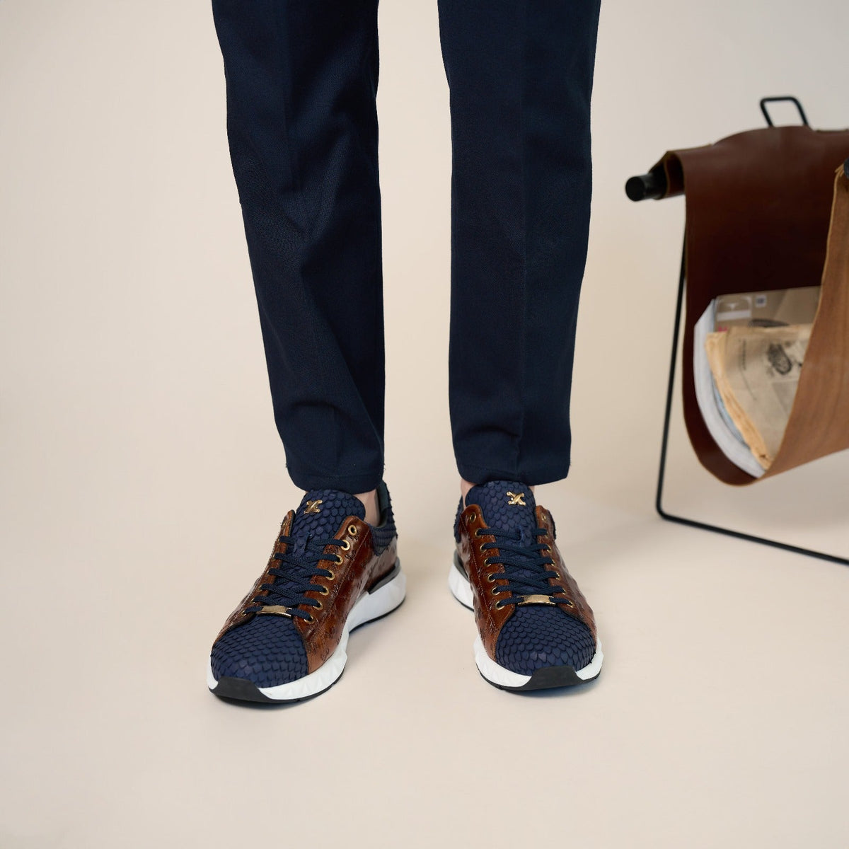 Vinci Leather The Caesars Navy & Tan Leather Men Sneaker – product view 17