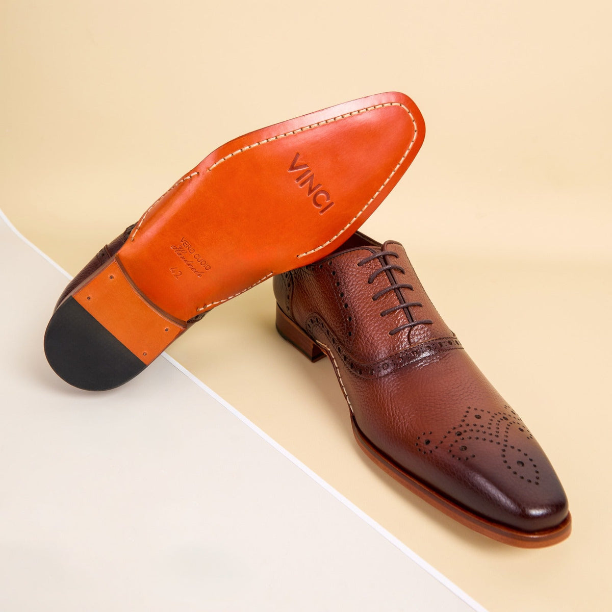 Vinci Leather The Draco Handmade Tan Semi Brogue Oxford Men Shoe – product view 14