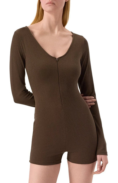 Alo Yoga Romper Rib 1 2 Zip Long Sleeve One Piece Women's Sneakers — Brown/Heather