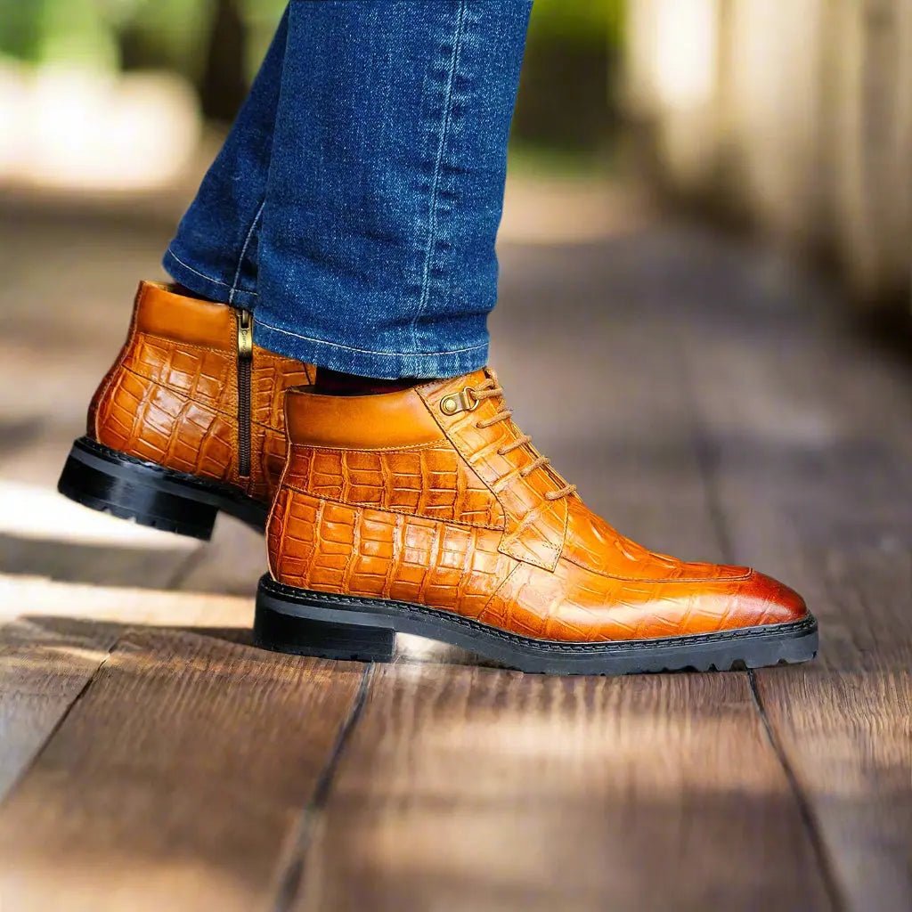 Carrucci Shoes Alligator Embossed Lace Up Boots Men's Calfskin Leather KB51650