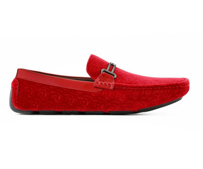 Amali Crimson Velvet Elegance Men’s Flower Embossed Velvet Moccasins