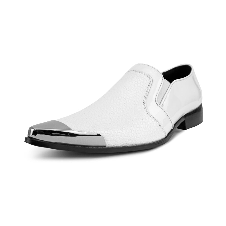 Amali Davis men's white slip-on shoe with silver-tone toe cap, front three-quarter view