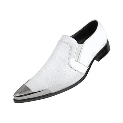 Amali Davis men's white slip-on shoe with silver-tone toe cap, high three-quarter view