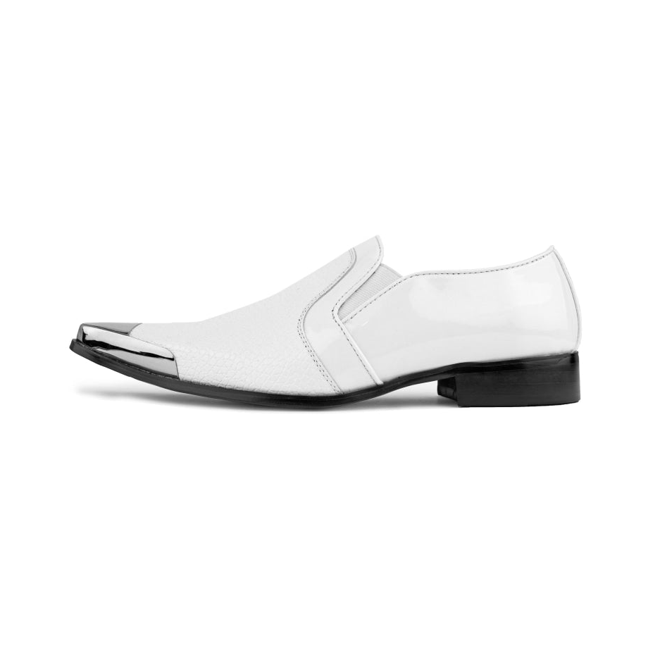 Amali Davis men's white slip-on shoe with silver-tone toe cap, side profile