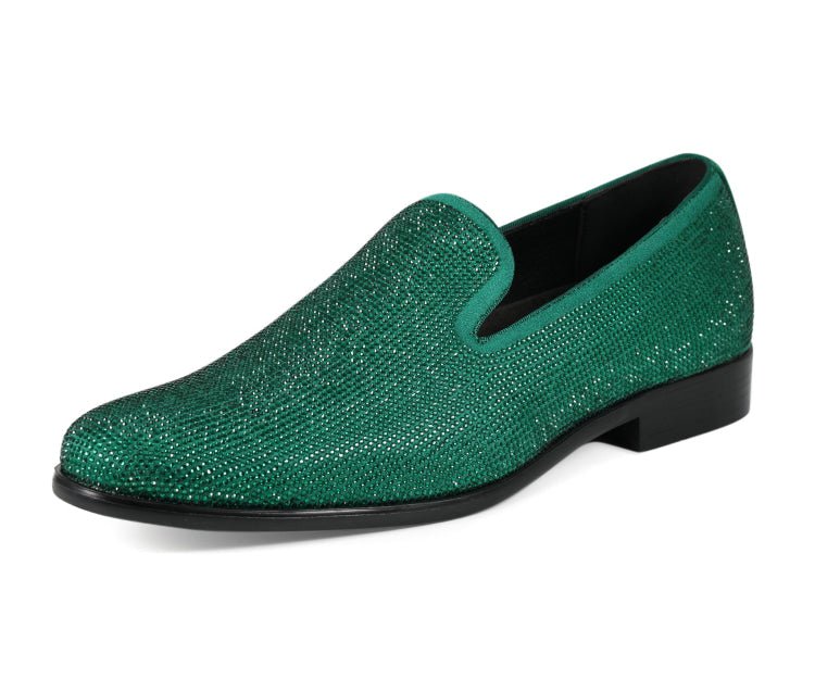 Amali Dazzle Men's Green Rhinestone Leather Slip On Loafers