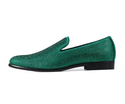 Amali Dazzle Men's Green Rhinestone Leather Slip On Loafers