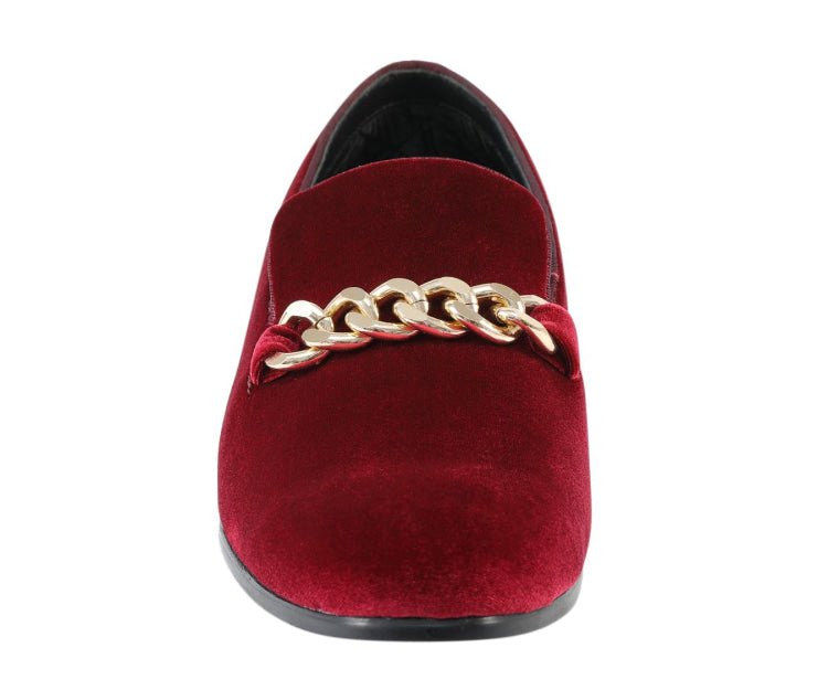 Amali Fay Burgundy Men's Velvet Slip On Loafers With Chain