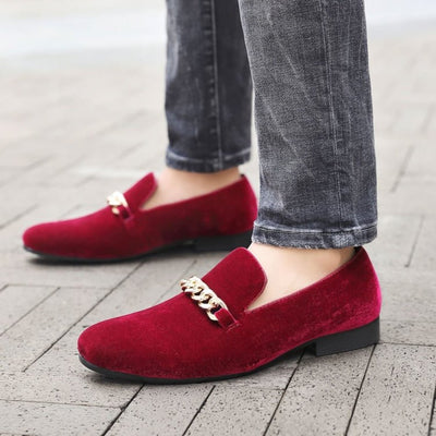 Amali Fay Burgundy Men's Velvet Slip On Loafers With Chain