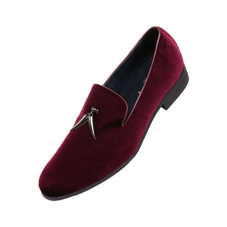 Amali Heath men's burgundy slip-on loafer with silver-tone ornament, high three-quarter view