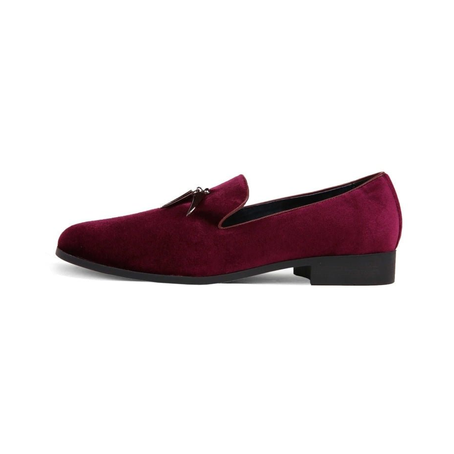 Amali Heath men's burgundy slip-on loafer with silver-tone ornament, side profile