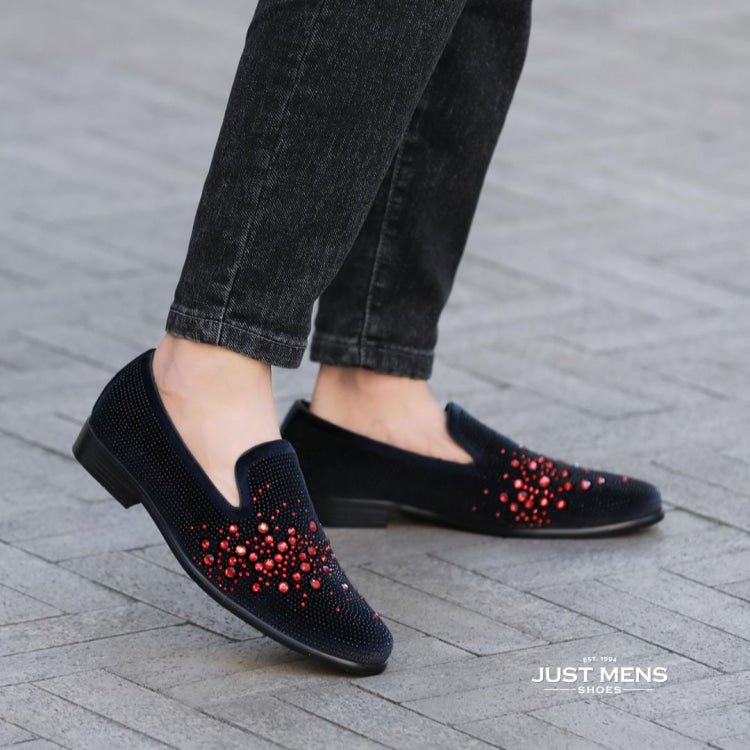 Amali Ivano Luxe Velvet Rhinestone Loafers Men’s Black Red