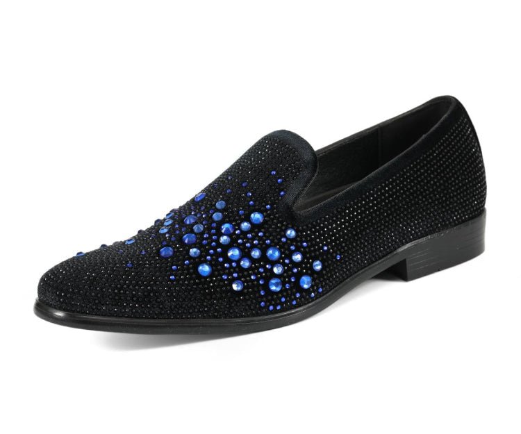Amali Ivano Men’s Black and Royal Blue Rhinestone Luxe Velvet Loafers
