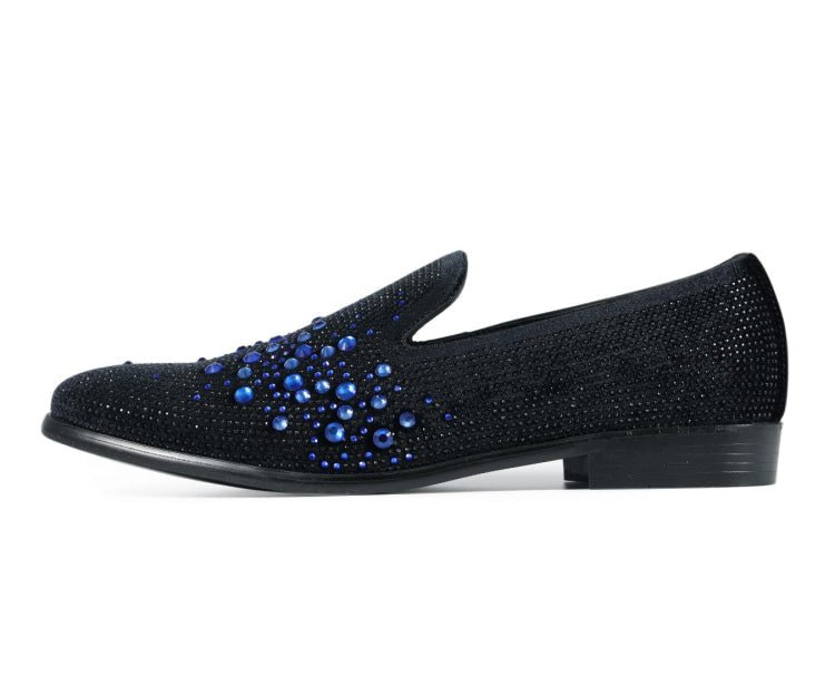 Amali Ivano Men’s Black and Royal Blue Rhinestone Luxe Velvet Loafers