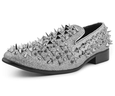 Amali Mesa Silver Spiked Men's Velvet Smoking Slip on Shoes