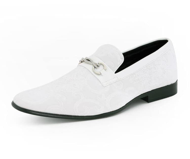 Amali Throne Men’s White Velvet Leather Loafers with Paisley Pattern